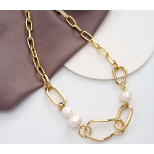 Jaeeyin 2021 New Arrivals Fashion Jewelry Statement Baroque Fresh Water Pearl Gold Color Oval Link Chain Irregular Circle Choker