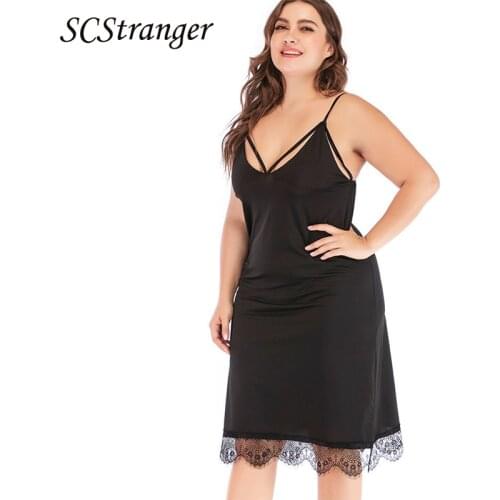 Scstranger Summer Womens Sexy Deep V Neck Stitching Suspender Dress Pajamas Lace Polyester Plus Size Women Temperament Commuter
