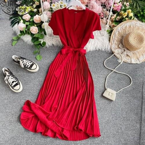 Elegant Women Pleated Dress 2021 Summer New V-neck Short Sleeve Dress Lace-Up A-line Midi Long Dresses Vestido Feminino 15028