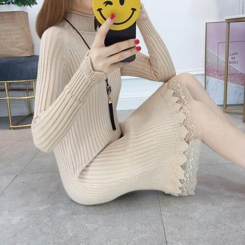 Plus Size Lace Splice Knitted Dress Women 2020 Autumn Winter Knitting Turtleneck Long Sleeve Warm Sweater Dress New 3XL Z607