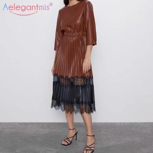 Aelegantmis Vintage Faux Leather Dress Women Patchwork Lace Long Pu Dresses Three Quarter High Quality Elegant Vestidos Mujer