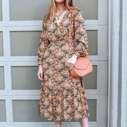 Elegant Robe midi cache-cœur Ruffle Long Sleeve V Neck Smockée à la taille Vintage Robes Retro Floral Print Dress Femme