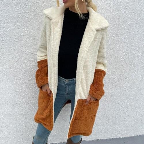 Coat female Open Front Long Sleeve Winter Coat Double-Sided Velvet Matching Color Lapel Pockets Women Coat пальто женское осень