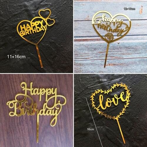 Gold Acrylic Happy Birthday Cake Topper Garland LOVE Heart Cupcake Topper For Birthday Wedding Party Cake Decorations Tools
