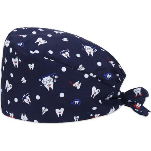 Tooth Print Dental Scrub Caps Nurse Working Scrubs Hat 100% Cotton Women Men Forehead Sweatband Tie Back Veterinary Hats M656