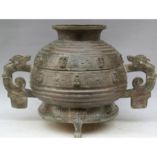 FREE SHIPPING S2152 20" Old Chinese Bronze Folk Beast Bird handle food water vessel Pot Jar Crock