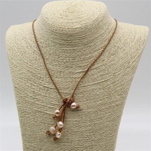 Best seller natural orange color baroque real pearl genuine leather handmade necklace women nice quality jewelry girl gift