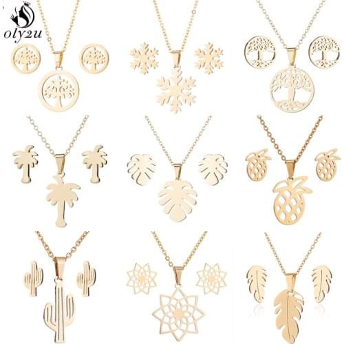 Bohemia Fashion Tree Of Life Pendant Necklace Women Gold Jewelry Sets Simple Leaf Pineapple Coconut Tree Necklaces Accessories