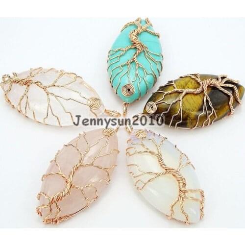 Natural Gems Stone Reiki Chakra Beads Tree of Life Marquise Shape Copper Pendant Necklace Jewelry Making 10Pcs/Pack