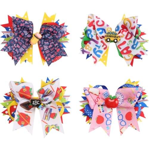 CN New Back To School Bows Hair Clips Hairpins for Students Print Grosgrain Ribbon Hair Clips Hair Accessories заколка для волос