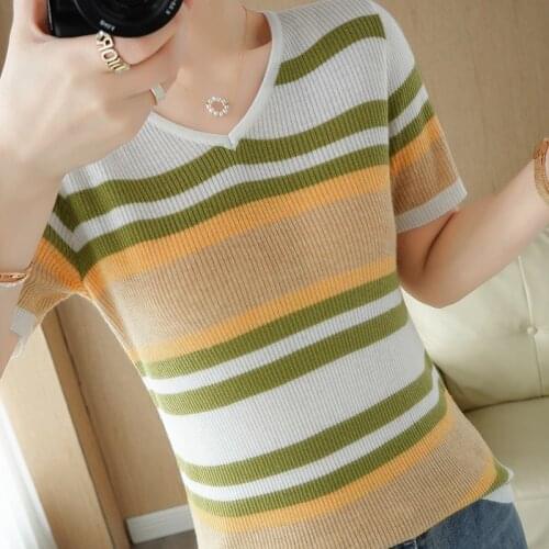 T-shirt women 2021 new 100% wool sweater short-sleeved casual striped knitwear plus size pullover ladies tops V-neck tees hot