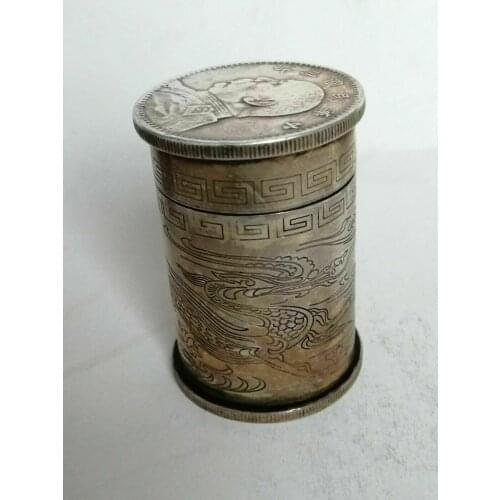 Collection China Copper Silver Carving Flower Dragon Coin Inlay Toothpick Bucket