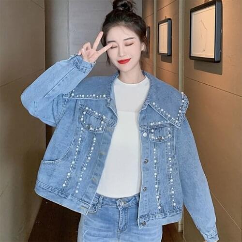 2021 Spring And Autumn Womens New Jeans Retro Student Loose Thin Large Size Bead Hole Denim Jacket Female Outwear L386