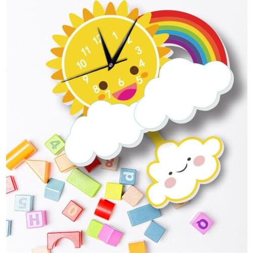 Cute Cartoon Swinging Wall Clock Sun Rainbow Decoration Pendant For Kids Room Kindergarten Creative DIY Animal Clock Child Gifts
