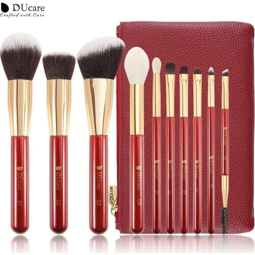 DUcare Makeup Brushes Set Red 10 Piece with PU Leather BAG Premium Synthetic Hairs Kabuki Foundation Blending Eye Cosmetic Brush