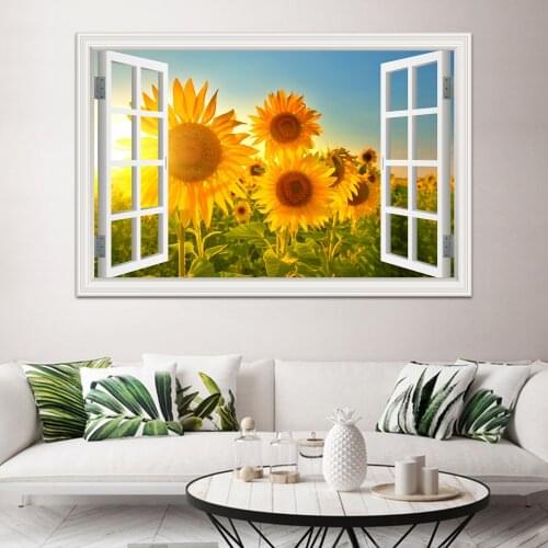 Window View Decorative 3D Wall Vinyl Sticker Summer Beach Sunflower Landscape Wall Poster Wallpaper Kitchen Decor Sticker