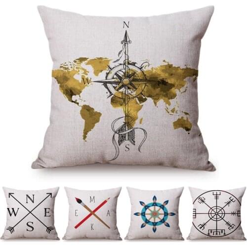 Navigation Sailboat Arrow Navy Sea Map Style Pillow Case Cotton Linen Marine Compass Decorative Pillow Cover Cushion Cover