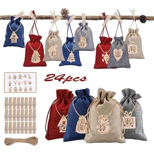 Christmas Advent Calendar Bags 24 Days Embellishments 1-24 Wooden Listing Labels DIY Christmas Embellishments with Clips