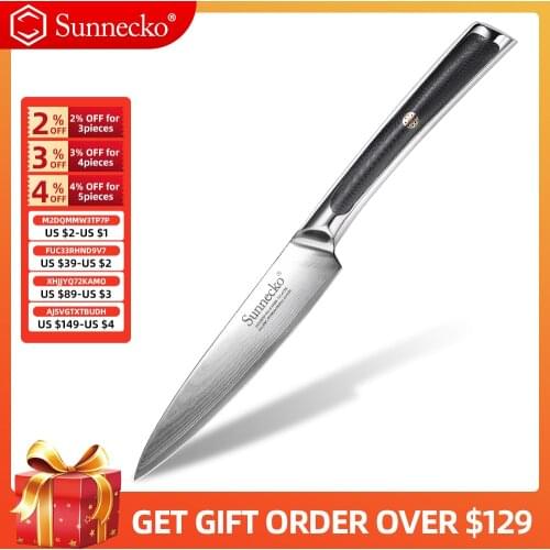 SUNNECKO 5 inch Utility Knife Damascus Japanese VG10 Core Steel Blade Kitchen Knives G10 Handle Sharp Fruit Cutter Chefs Knife