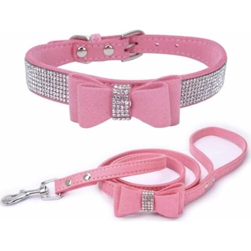 Dog collar dog leash Bow Diamond decoration Dog harness collar perro chihuahua leather dog set All Seasons Collars Jeweled