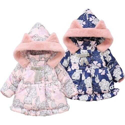1-5y Baby Girl Jacket Autumn Winter Hooded Kids Down Jacket Cartoons Cat Girls Coat Warm Children Outerwear Toddler Girl Clothes