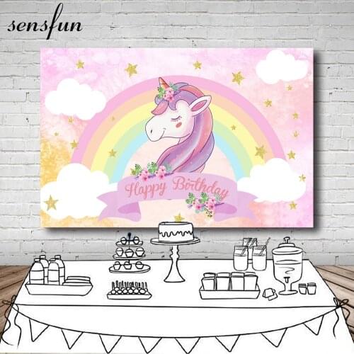Pink Beautiful Rainbow Unicorn Party Background Glitter Gold Stars Clouds Baby Shower Birthday Party Photographic Backdrops