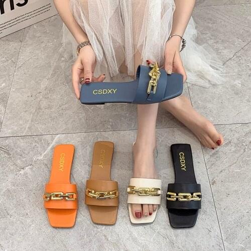 Summer Sandals Women 2021 Ladies Chain Decoration Square Heel Slippers Casual Beach Female Open Toe Soft Flat Square Toe Slides