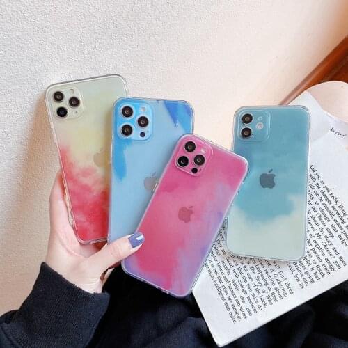 Gradient Watercolor Rendering Transparent Phone Case For iPhone 12 11 13 Pro Max Mini 7 8 Plus X XR XS Max SE2020 Silicone Cover