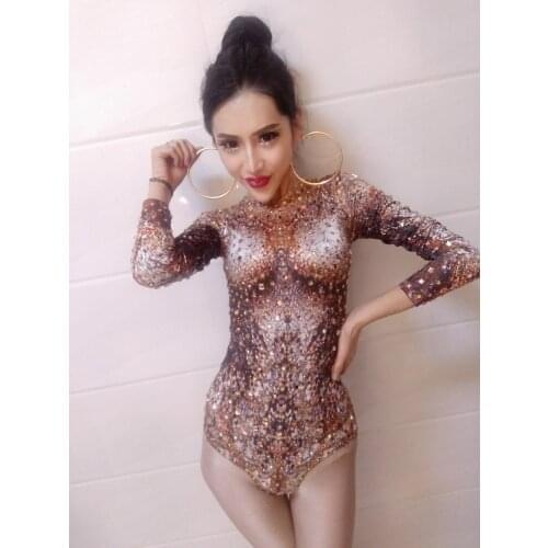 Rhinestone Sexy Women Bodysuit DS Performance Bar Nightclub Jazz Dance Sexy printed one-piece Leotard Stage Costume for Singers