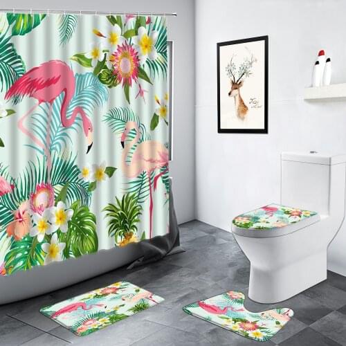 Tropical Plants Flamingo Shower Curtain Green Leaves Monstera White Flowers Bathroom Decor Non-slip Rug Bath Mat Toilet Mats Set