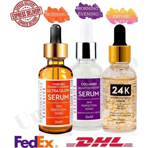 Vitamin C 30ml + Collagen Serum 30ml + 24K Gold Serum with Hyaluronic Acid Firming, Anti-Aging Tone Perfection Ultra Brightening