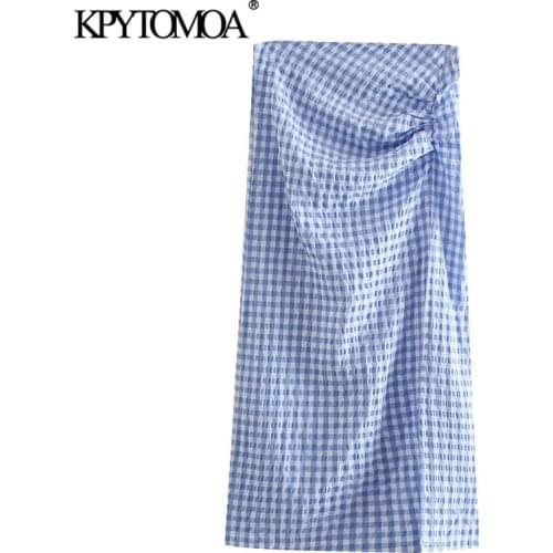 KPYTOMOA Women 2021 Chic Fashion Pleated Check Midi Skirt Vintage High Waist Back Zipper Vents Hem Female Skirts Mujer