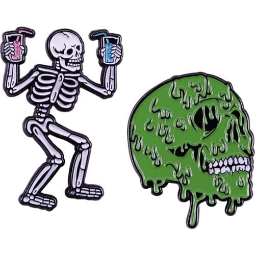 Spooky Green Melt Toxic Slime Skull Dancing Skeleton Brooch Pins Enamel Metal Badges Lapel Pin Brooches Jackets Accessories