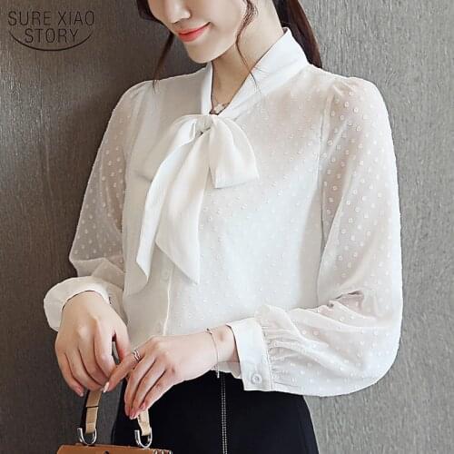 2021 Autumn Long Sleeve Solid Chiffon Blouse Womens Elegant Lace Bow Collat Slim Fit Ladies Top Blusas Mujer De Moda 10703