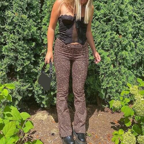 Y2k Leopard Print Aesthetic Flared Trousers Pants Women High Waist Harajuku Trousers Streetwear Split Trousers 90s E Girl Pants