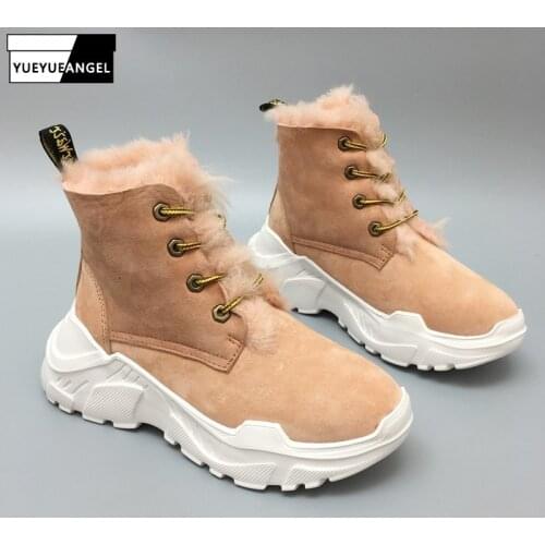 Women Winter Sheepskin Shearling Snow Boots Wool Lining Thick Platform Shoes Antisikid Footwear Increasing High Top Ankle Boots