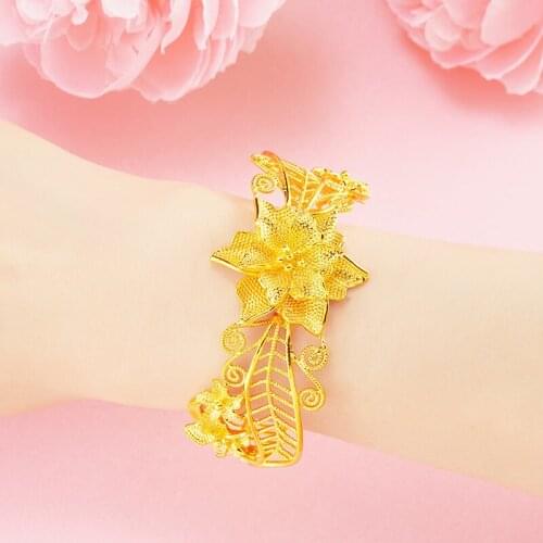 Gold Color Bracelets for Women Rose Flower Bracelet Fashion Jewelry Vietnam Sand Gold Hollow Ethnic Style Bangles Femme pulseras