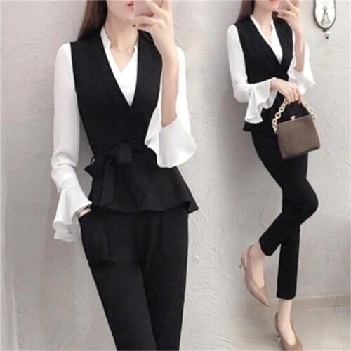 Fashion suit women 2018 spring new Korean fashion chiffon shirt + vest + pants three sets of summer feet pants suit female