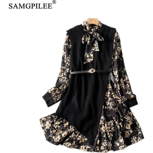 Winter Dress Woman 2021 New Office Lady A-line Print Full Sleeve Sashes Korean Fashion Clothing Empire Bow Dresses For Women 4XL