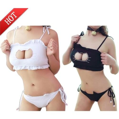 Womens Girls Sexy Lingerie Cosplay Maid Uniform Cat Keyhole Bra Briefs Collar Set Lingerie Underwear (Bell Choker+Top+panties)