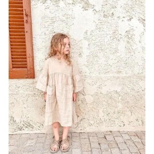 2021 summer girl cotton flax horn sleeves British Princess pocket breathable dress flower girl dresses