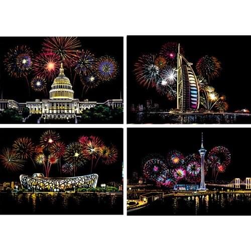 4 PCS Gorgeous City Night Scene Scratch Painting, Scratch Off Foil Layer Coating Poster 21X29 CM Mini Scratch Map Scratch Map
