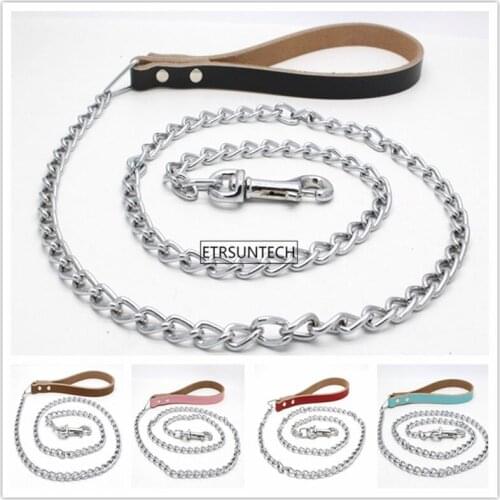 50pcs Small Medium Large Dog Chain Leash Handle Leads PU Leather Iron Chain Anti-Bite Metal Dog Chain Lead