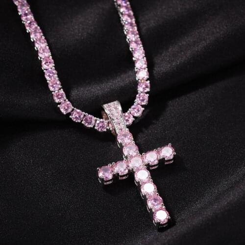New Charm Fashion 4mm Pink CZ Tennis Chain with Cross Pendant Necklace Full Iced Cubic Zirconia Women Hip Hop Jewelry Gift