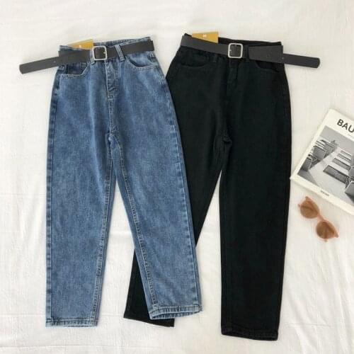 Denim Trousers Pantalon Femme with Belt Vintage High Waist Jeans Women Solid Straight Pants Loose Casual Plus Size High Street