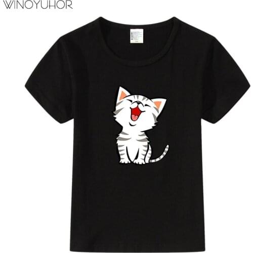 Cute Cat Print T-Shirt Children Summer Short Sleeve T-Shirts Boy Girls Clothes Cotton Toddler Baby T Shirt Cartoon Tops