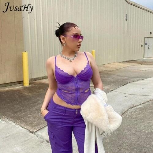 JusaHy Lace Camisole Women Summer Solid Casual Streetwear Skinny Camis See Through Sleeveless Slim Adjustable Strap Crop Tops