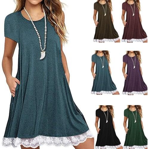 2019 AliExpress wish Amazon hot sale lace stitching round neck short sleeve loose plus size dress