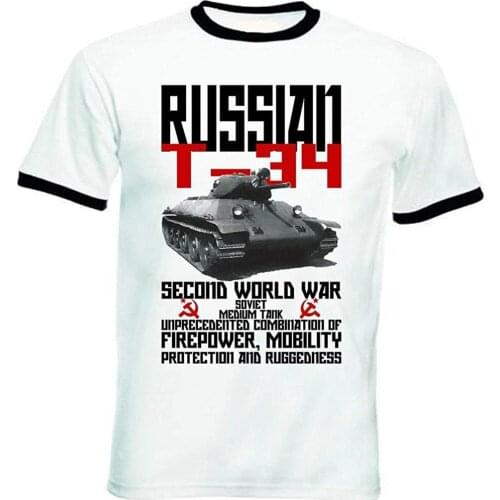 Hot Sale Fashion Summer Funny High Quality Personality MenS Russian T-34 Tank Wwii Black Ringer Casual Tops T Shirts