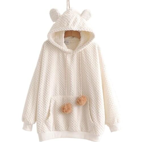 Preppy Style Cute Lamb Plush Thick With Ears Hooded Hoodies 2020 Winter Female Fleece Sweatshirt Girl Sweet Pullovers 2011305